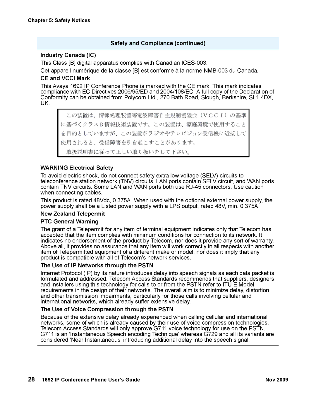 Avaya 1692 IP manual Safety and Compliance Industry Canada IC, CE and Vcci Mark, New Zealand Telepermit PTC General Warning 