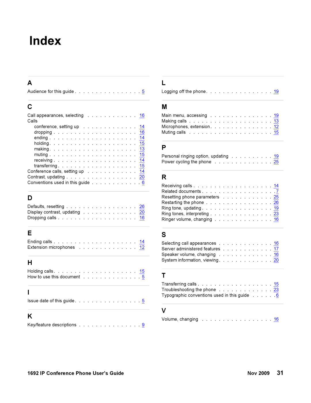 Avaya 1692 IP manual Index, Contrast, updating 