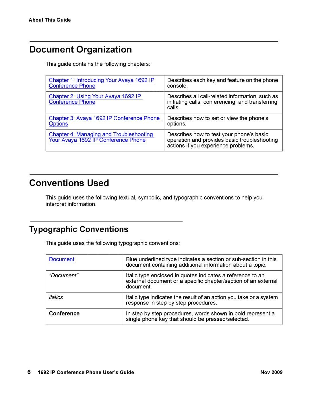 Avaya 1692 IP manual Document Organization, Conventions Used, Conference 