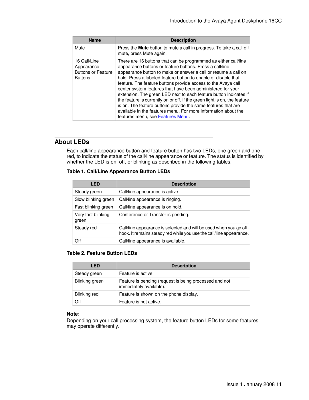 Avaya 16CC manual About LEDs, Call/Line Appearance Button LEDs, Feature Button LEDs 