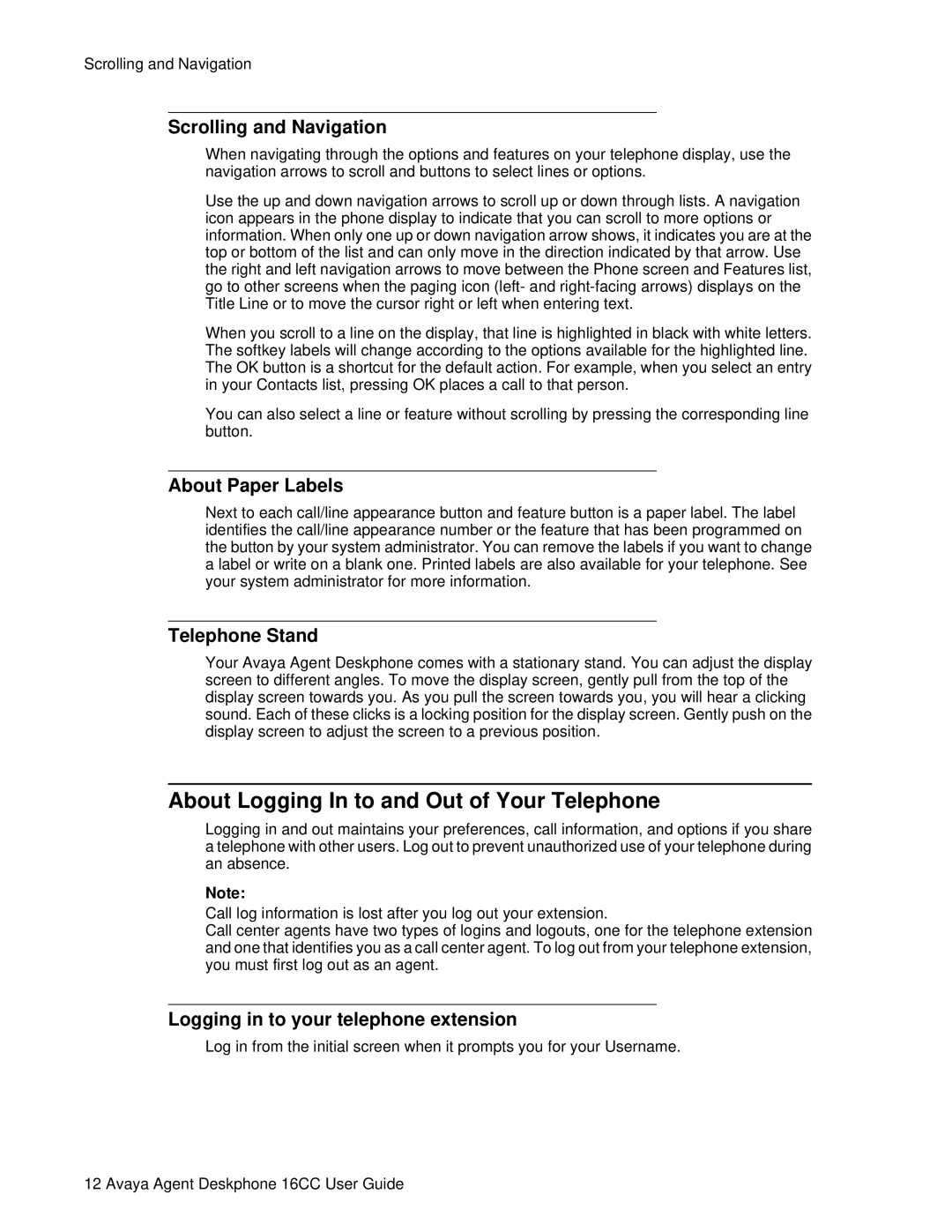 Avaya 16CC About Logging In to and Out of Your Telephone, Scrolling and Navigation, About Paper Labels, Telephone Stand 