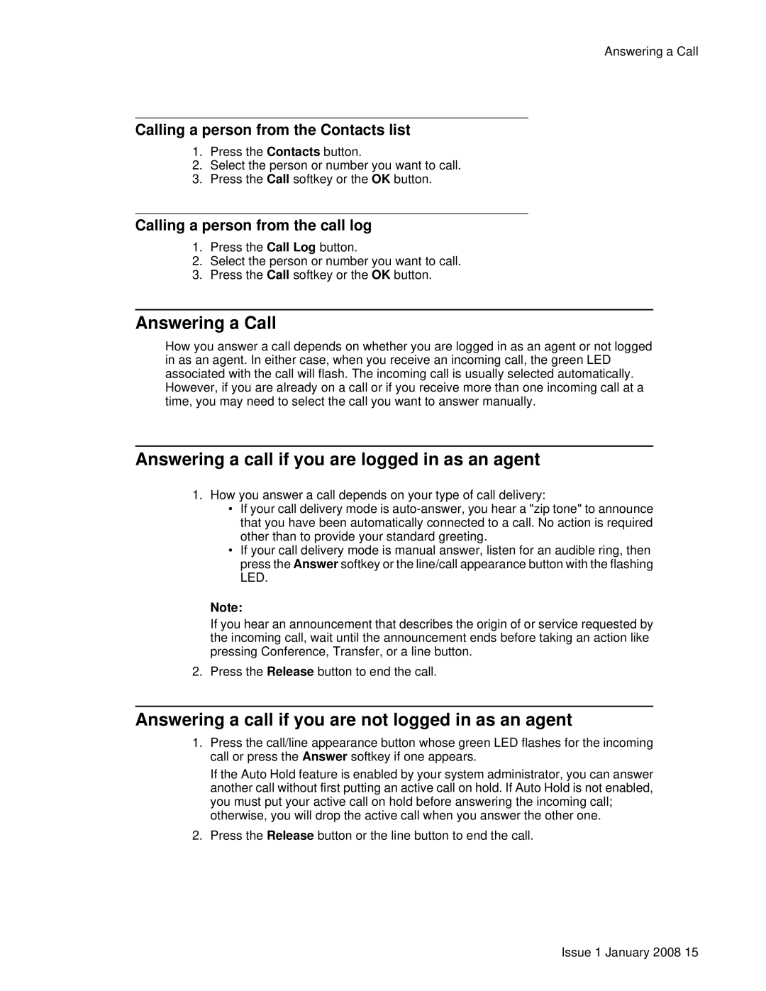 Avaya 16CC Answering a Call, Answering a call if you are logged in as an agent, Calling a person from the Contacts list 