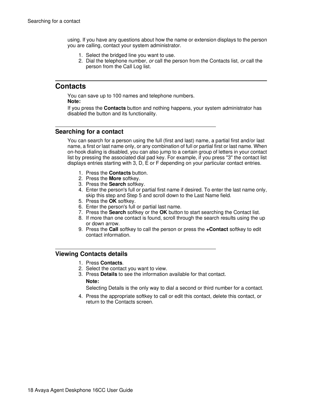 Avaya 16CC manual Searching for a contact, Viewing Contacts details, Press Contacts 