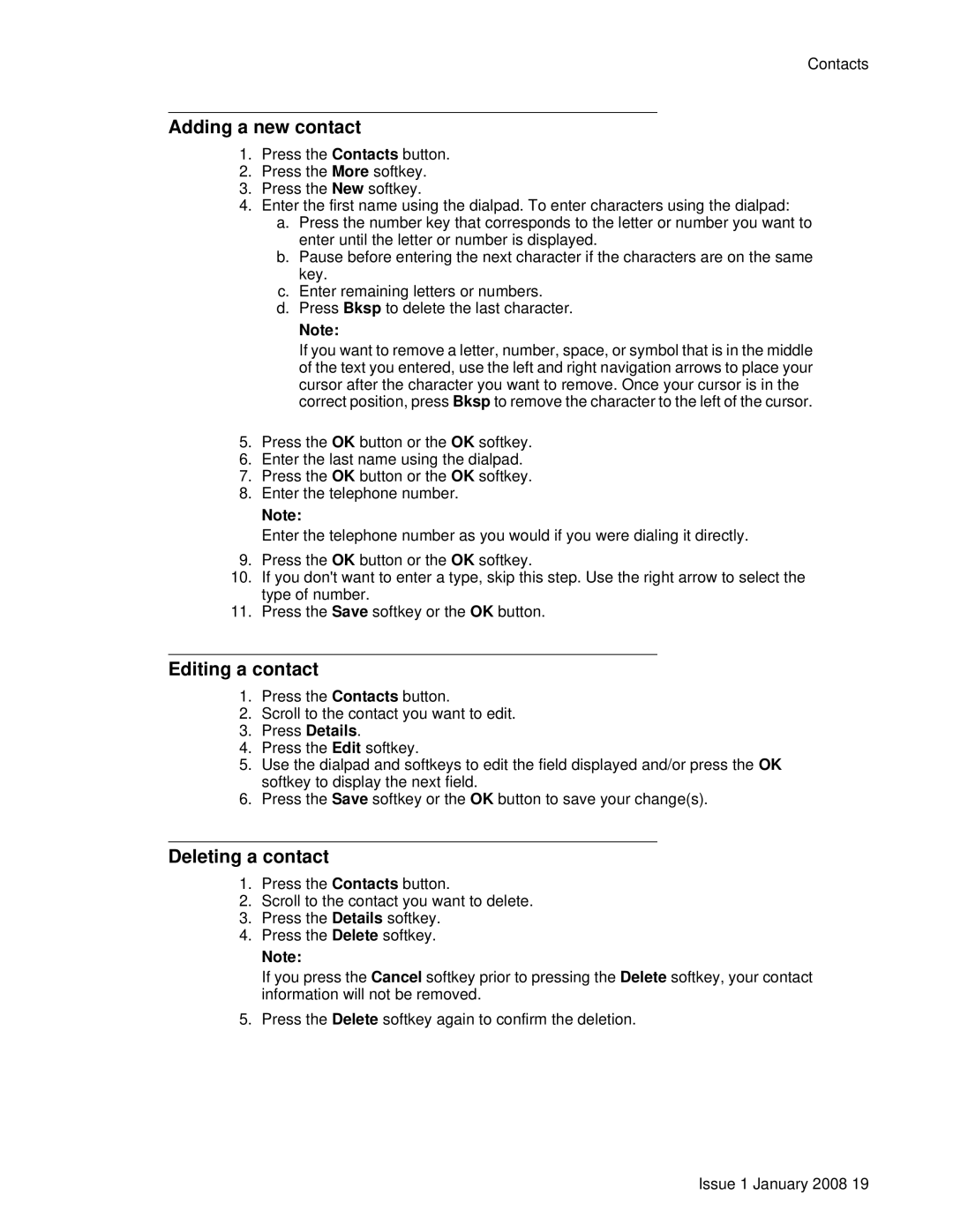 Avaya 16CC manual Adding a new contact, Editing a contact, Deleting a contact 