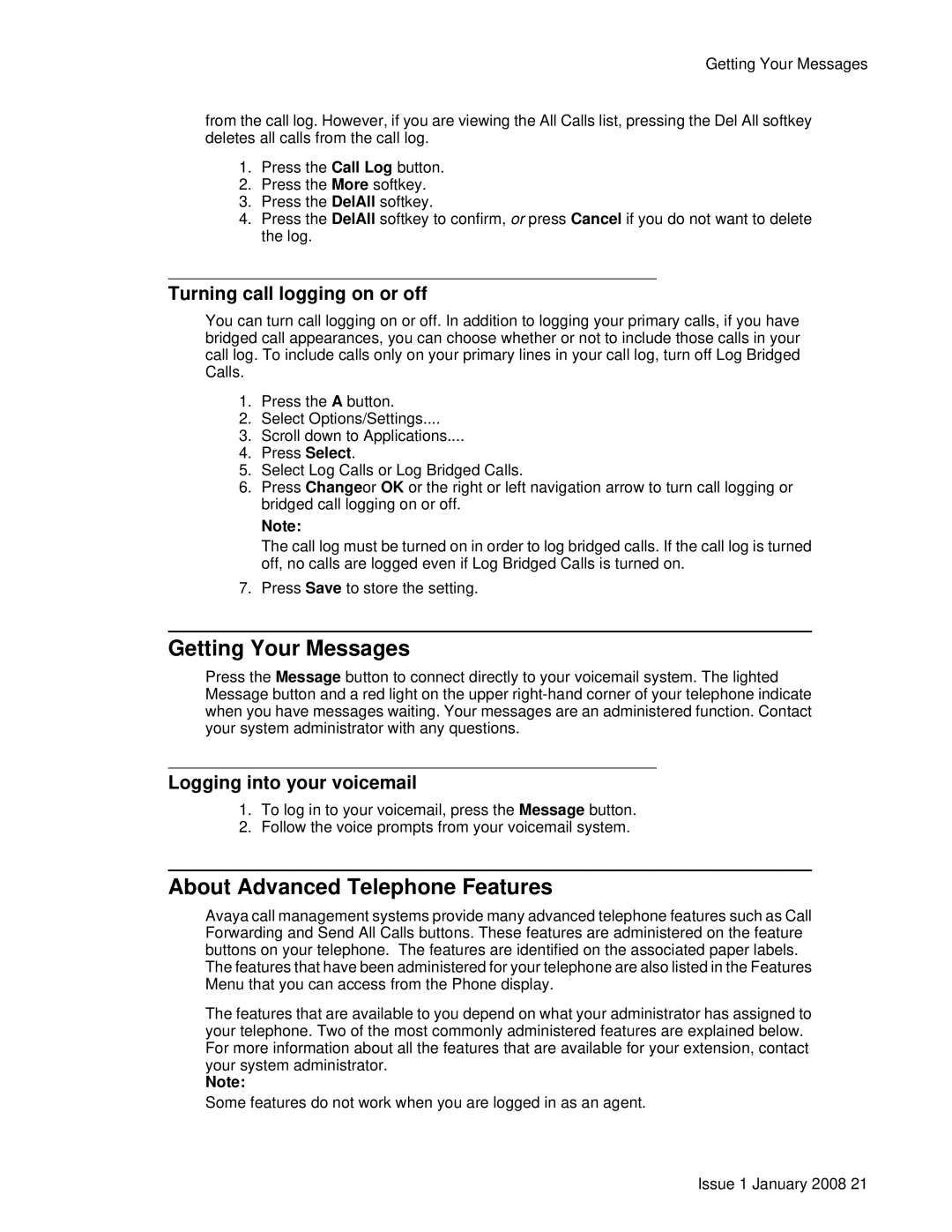 Avaya 16CC manual Getting Your Messages, About Advanced Telephone Features, Turning call logging on or off 