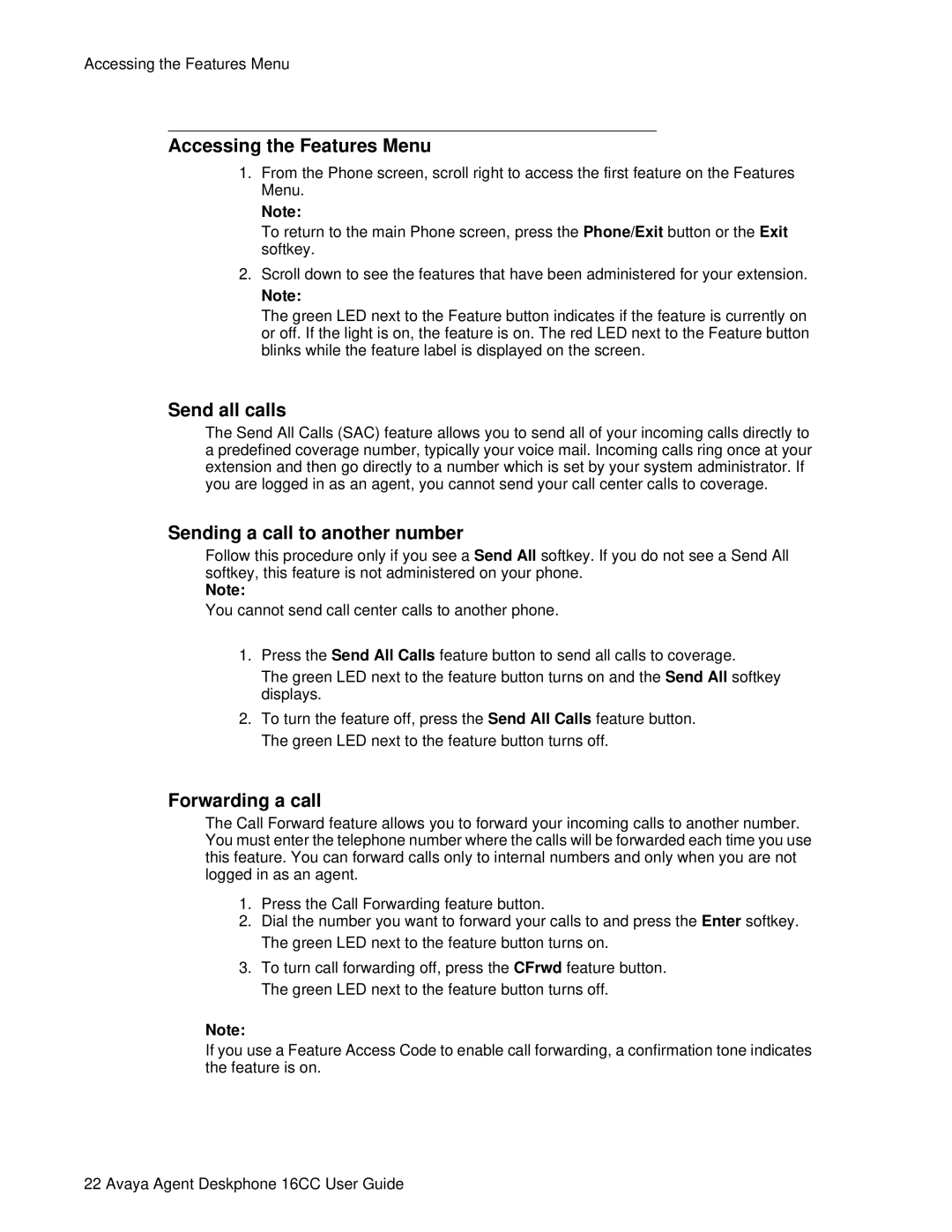 Avaya 16CC manual Accessing the Features Menu, Send all calls, Sending a call to another number, Forwarding a call 