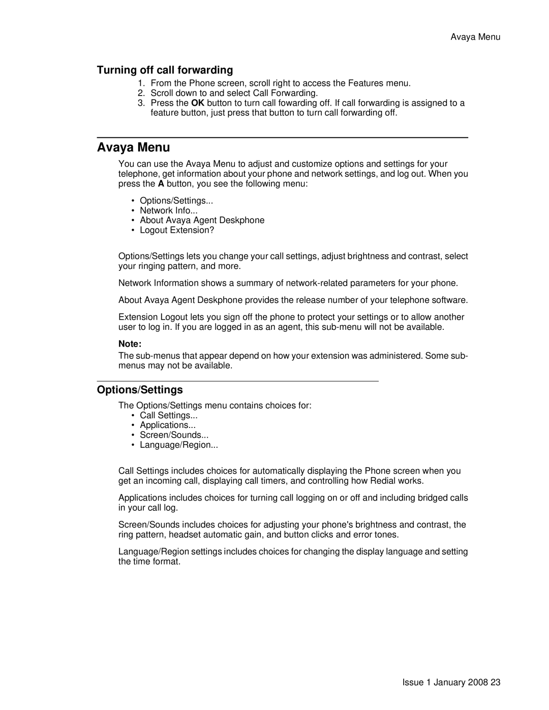 Avaya 16CC manual Avaya Menu, Turning off call forwarding, Options/Settings 