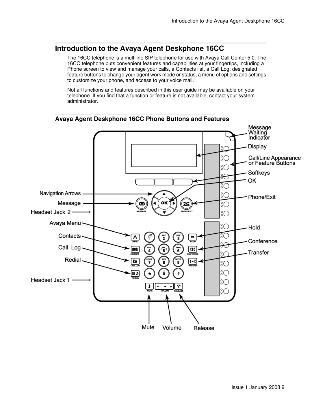 Avaya manual Introduction to the Avaya Agent Deskphone 16CC, Avaya Agent Deskphone 16CC Phone Buttons and Features 