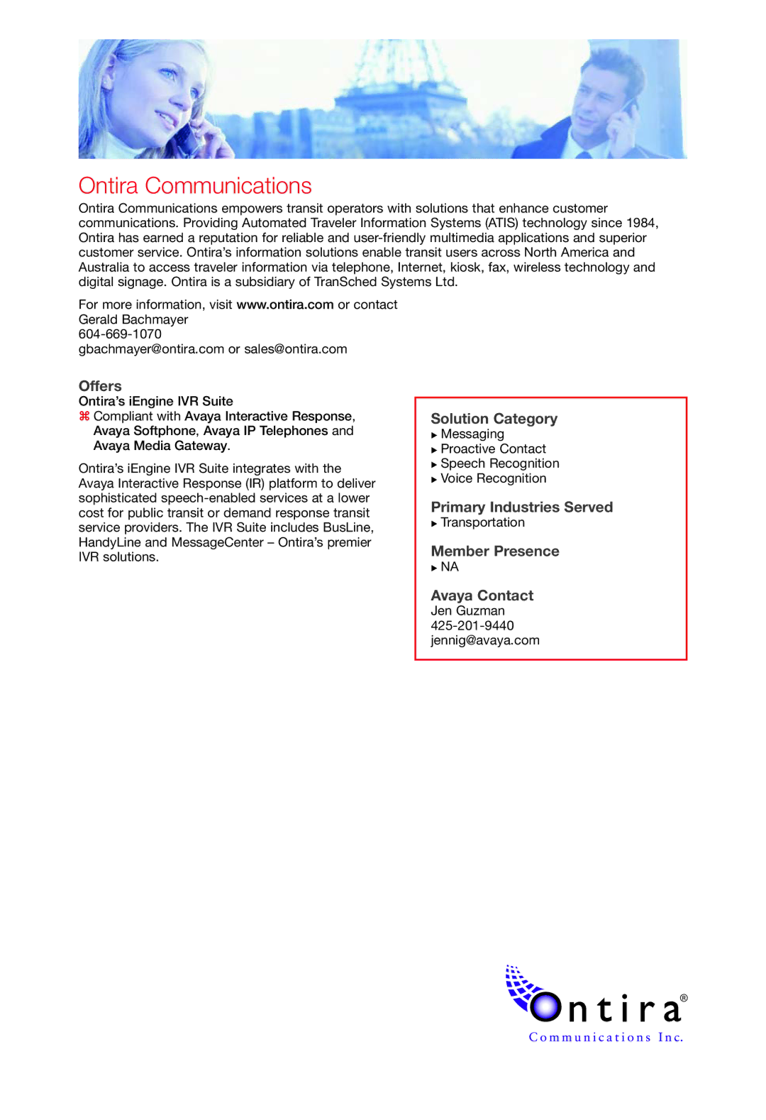 Avaya 2 manual Ontira Communications, Member Presence Avaya Contact 