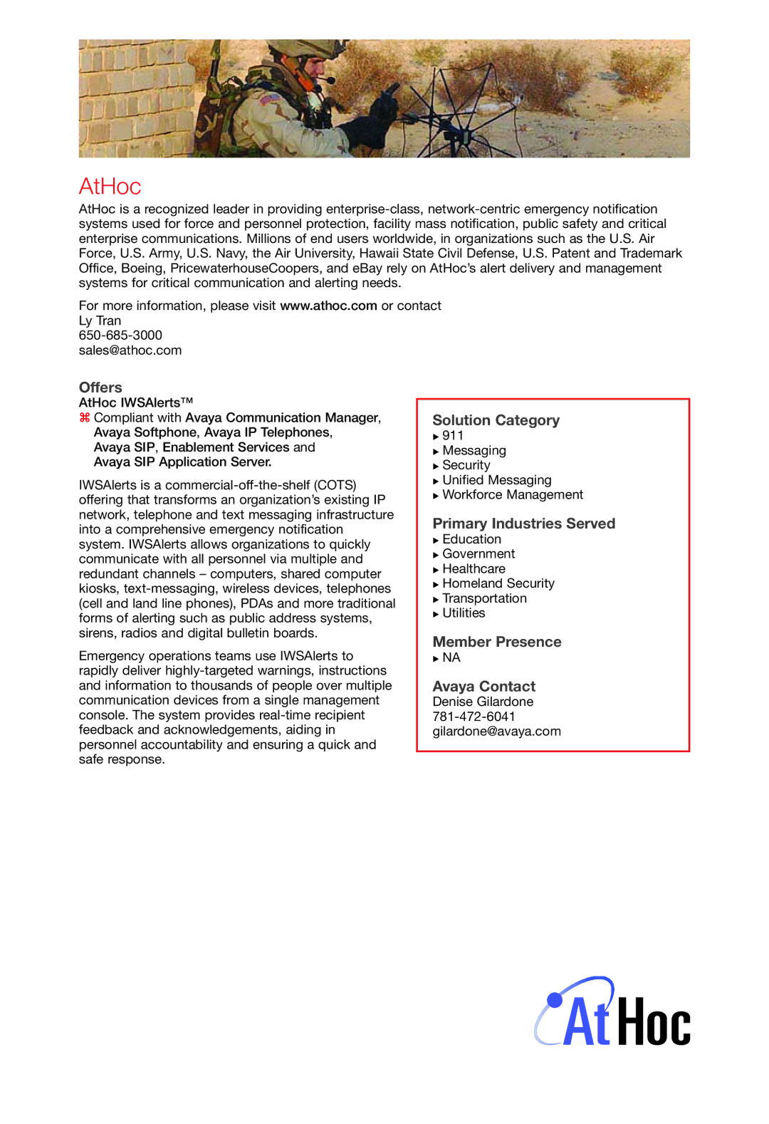 Avaya 2 manual AtHoc, Member Presence Avaya Contact 