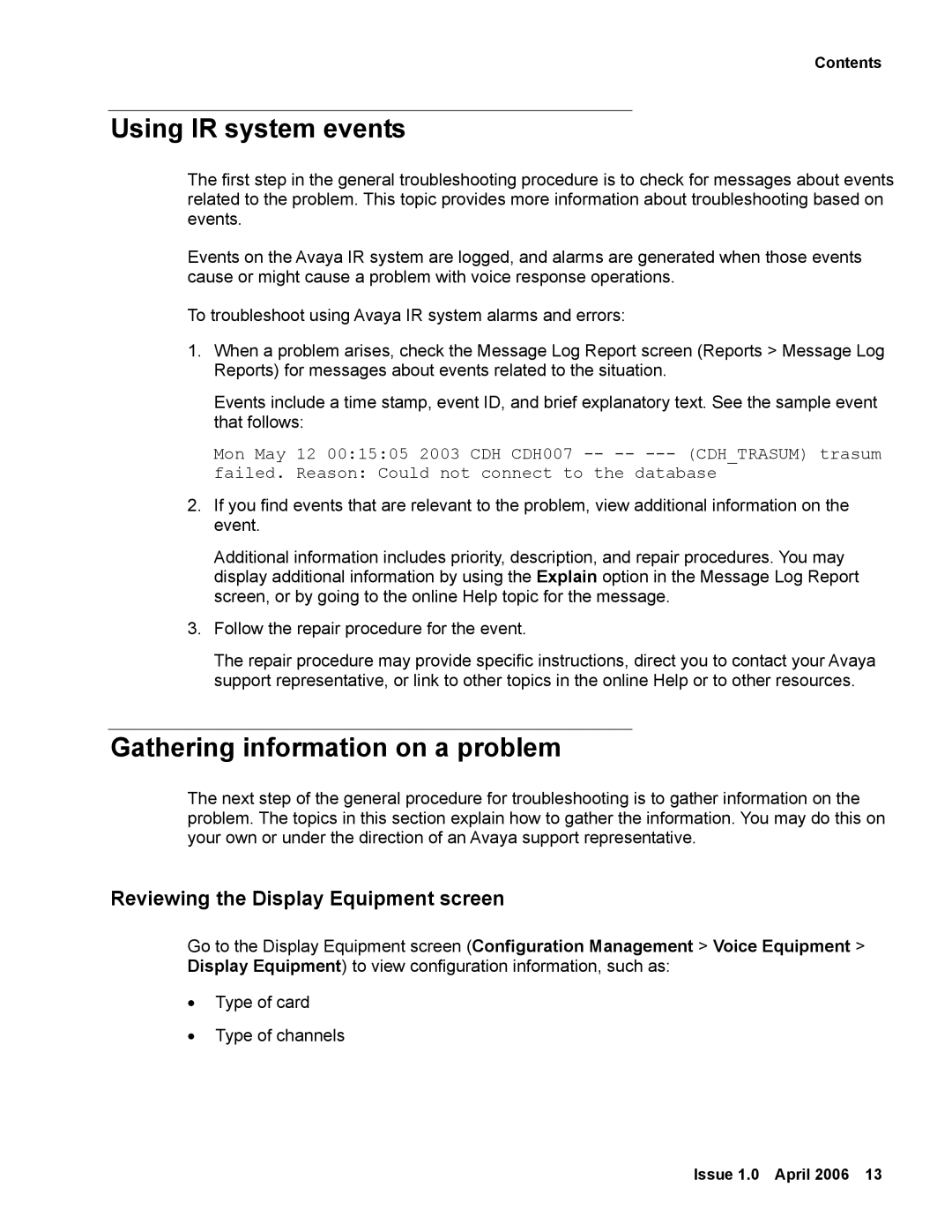 Avaya 2 manual Using IR system events, Gathering information on a problem, Reviewing the Display Equipment screen 