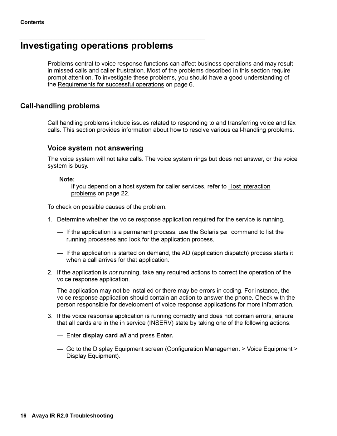 Avaya 2 manual Investigating operations problems, Call-handling problems, Voice system not answering 