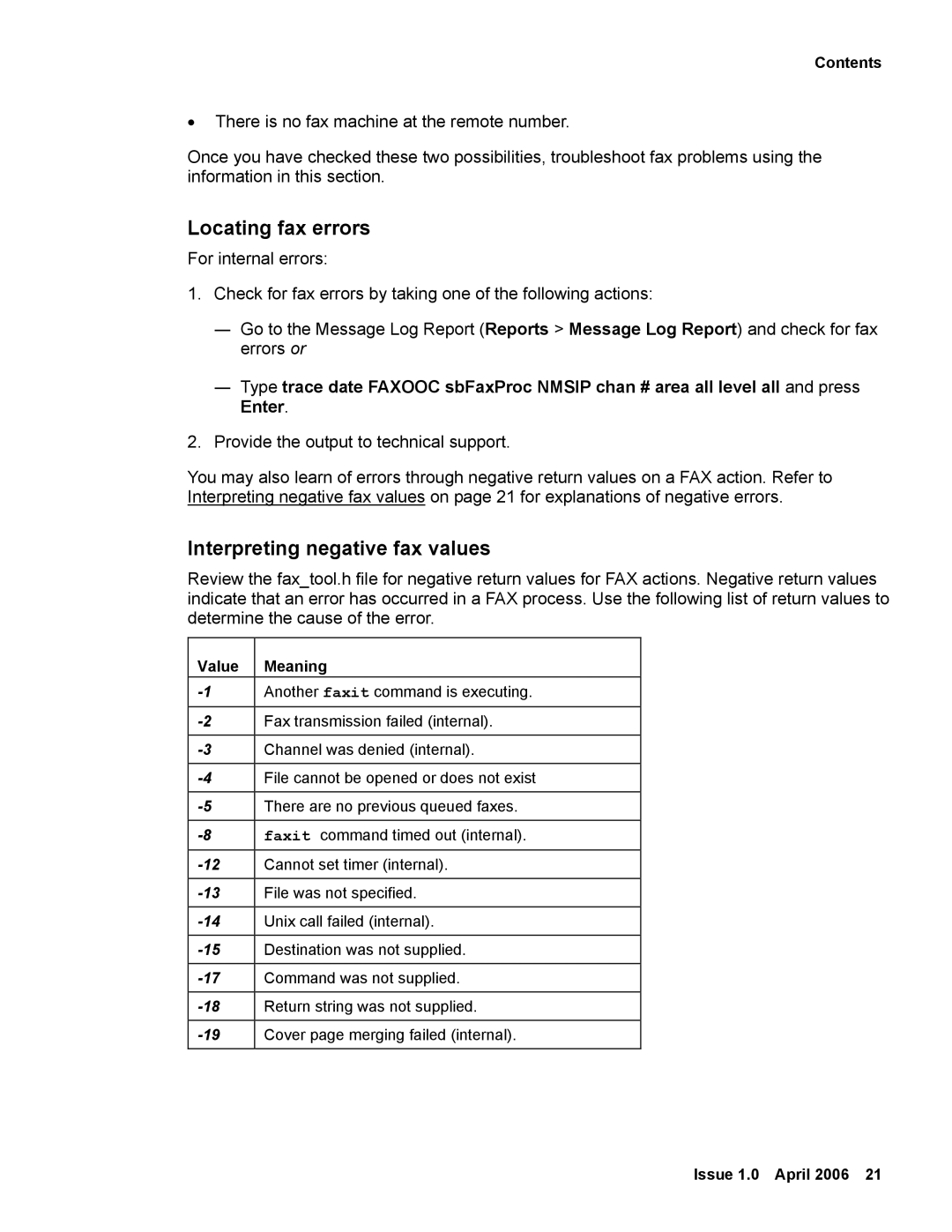 Avaya 2 manual Locating fax errors, Interpreting negative fax values 