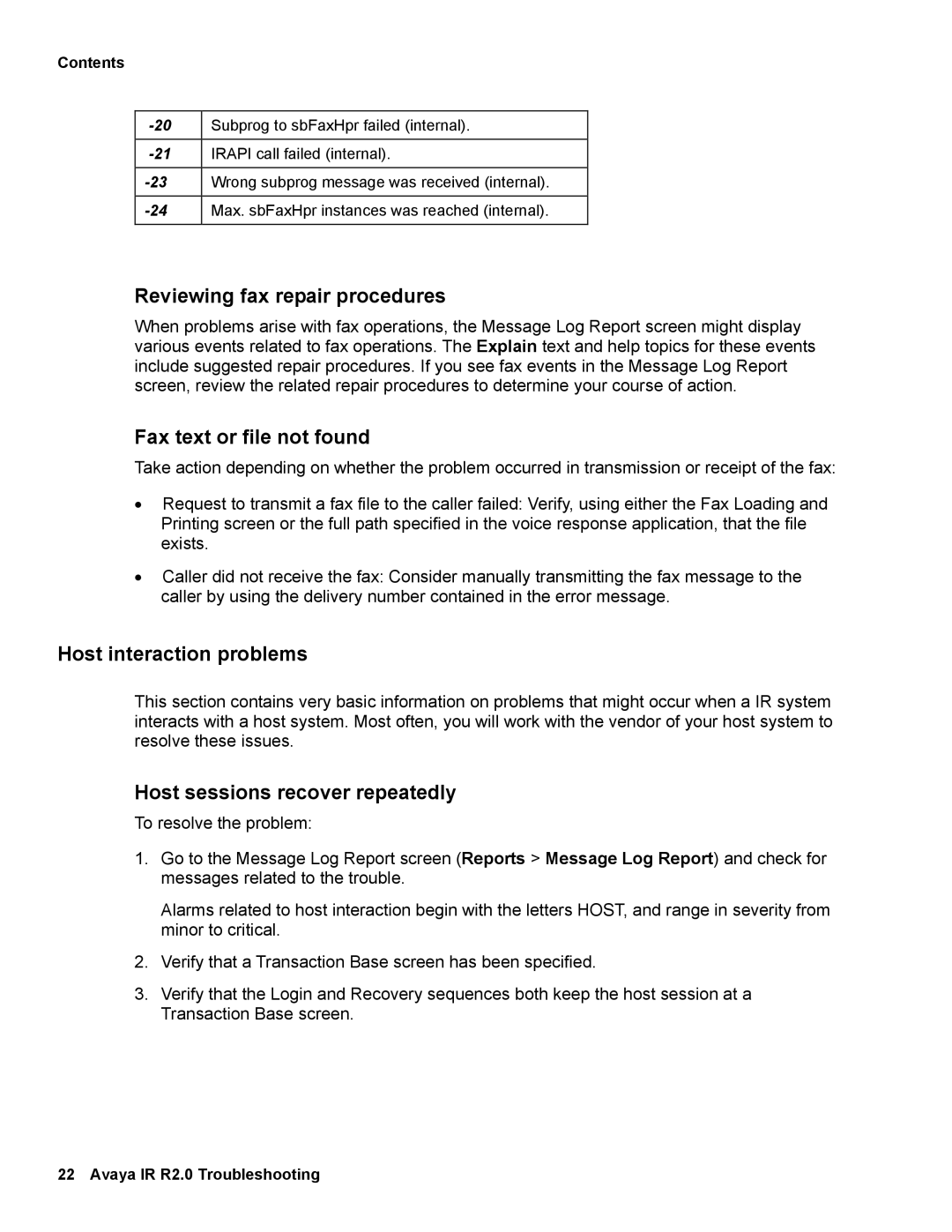 Avaya 2 manual Reviewing fax repair procedures, Fax text or file not found, Host interaction problems 