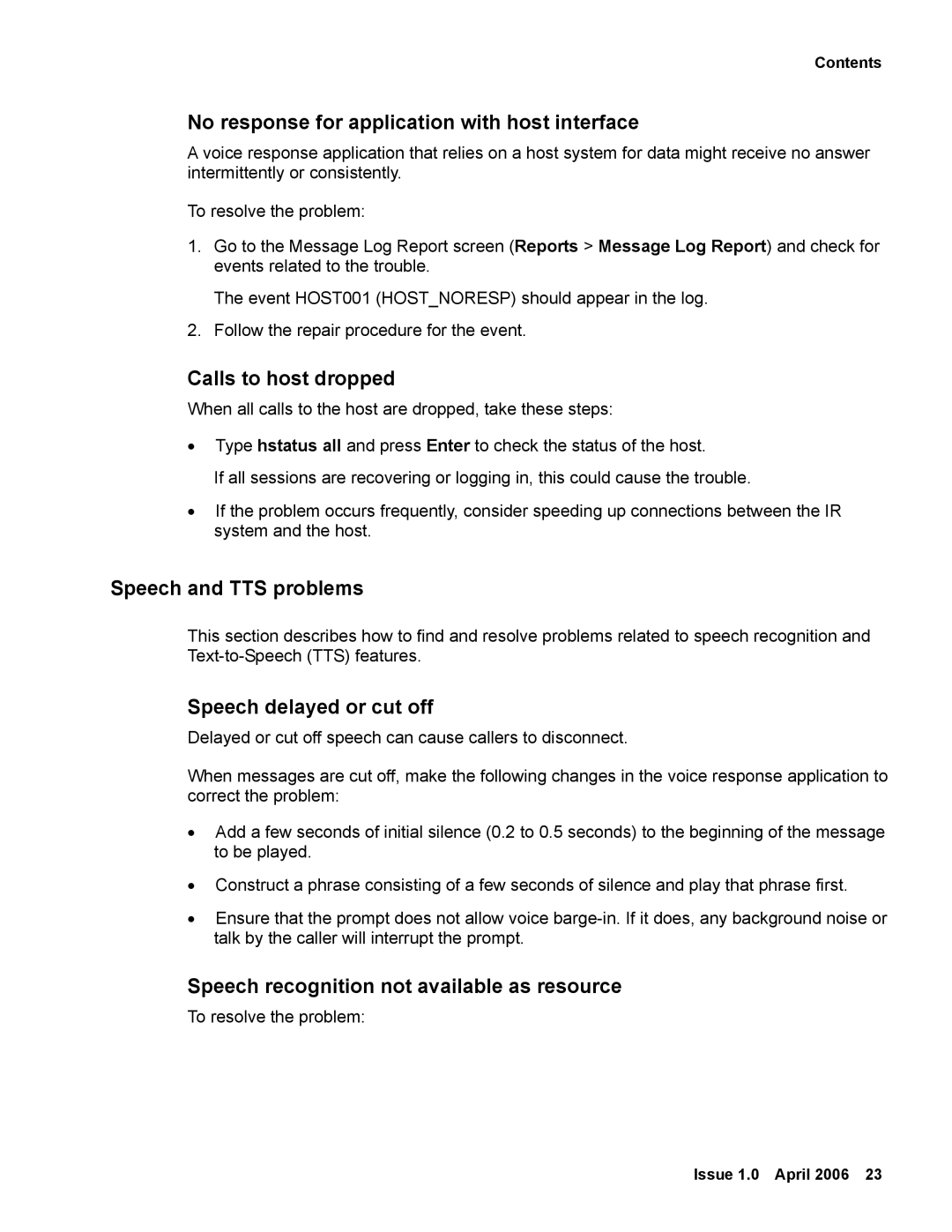 Avaya 2 manual No response for application with host interface, Calls to host dropped, Speech and TTS problems 