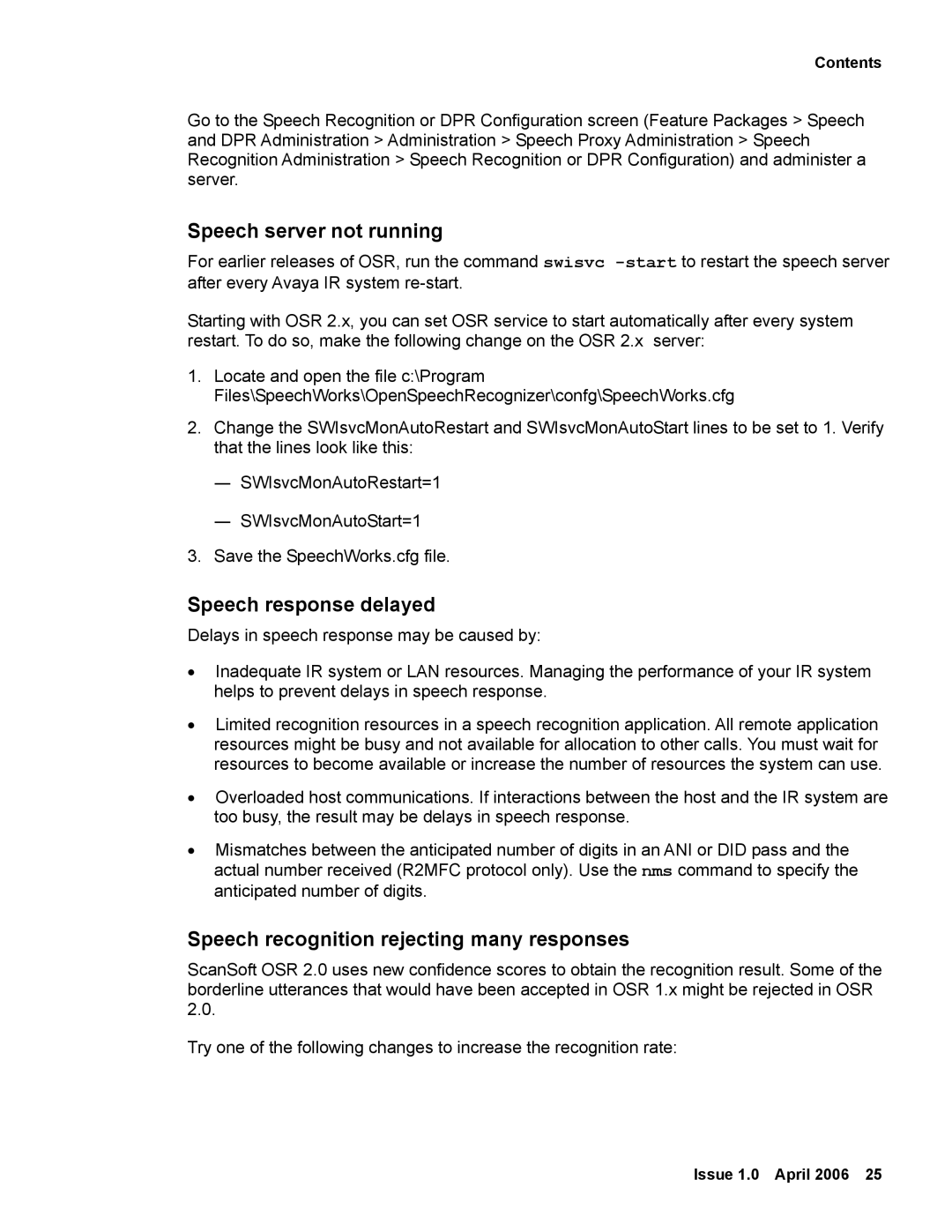 Avaya 2 manual Speech server not running, Speech response delayed, Speech recognition rejecting many responses 