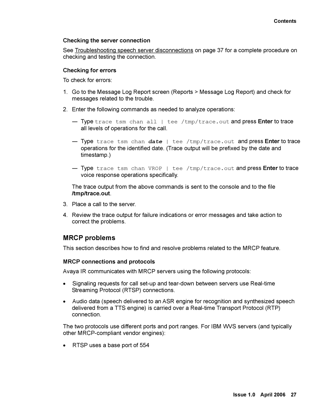 Avaya 2 manual Mrcp problems, Checking the server connection, Checking for errors, Mrcp connections and protocols 