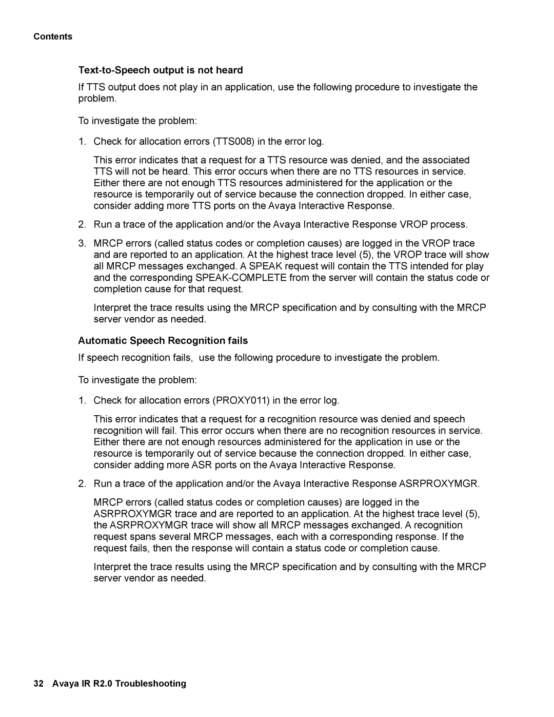 Avaya 2 manual Text-to-Speech output is not heard, Automatic Speech Recognition fails 
