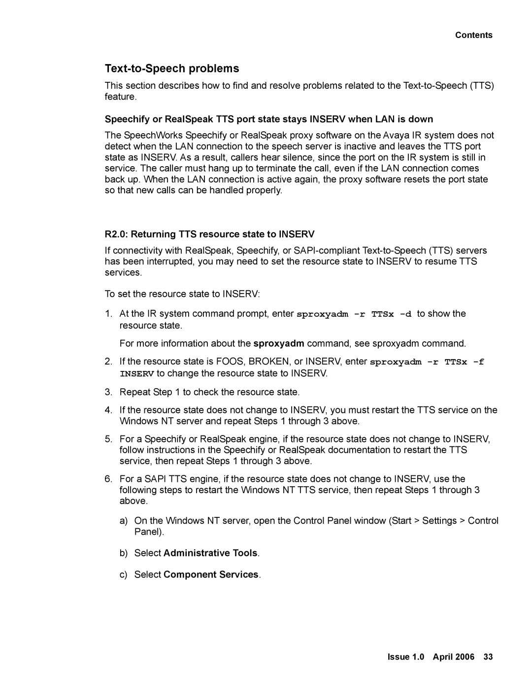 Avaya manual Text-to-Speech problems, R2.0 Returning TTS resource state to Inserv 