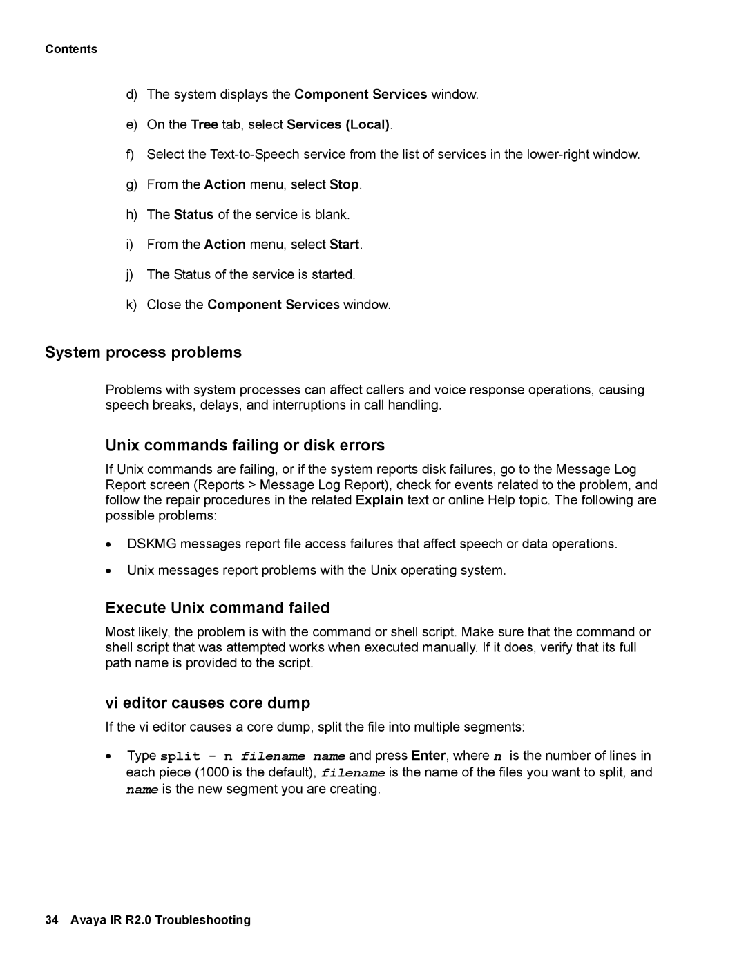 Avaya 2 manual System process problems, Unix commands failing or disk errors, Execute Unix command failed 