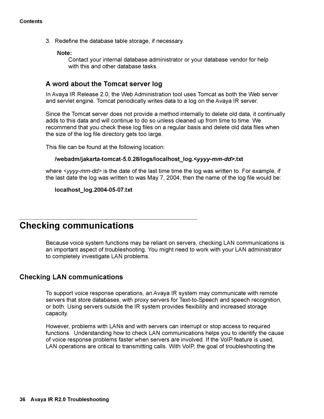 Avaya 2 manual Checking communications, Word about the Tomcat server log, Checking LAN communications 