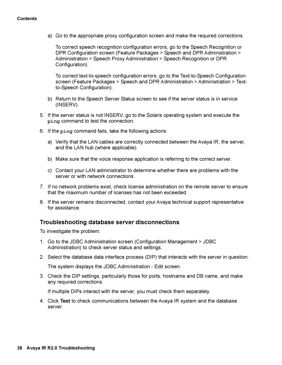 Avaya 2 manual Troubleshooting database server disconnections 