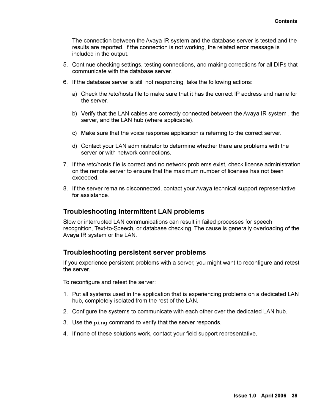 Avaya 2 manual Troubleshooting intermittent LAN problems, Troubleshooting persistent server problems 