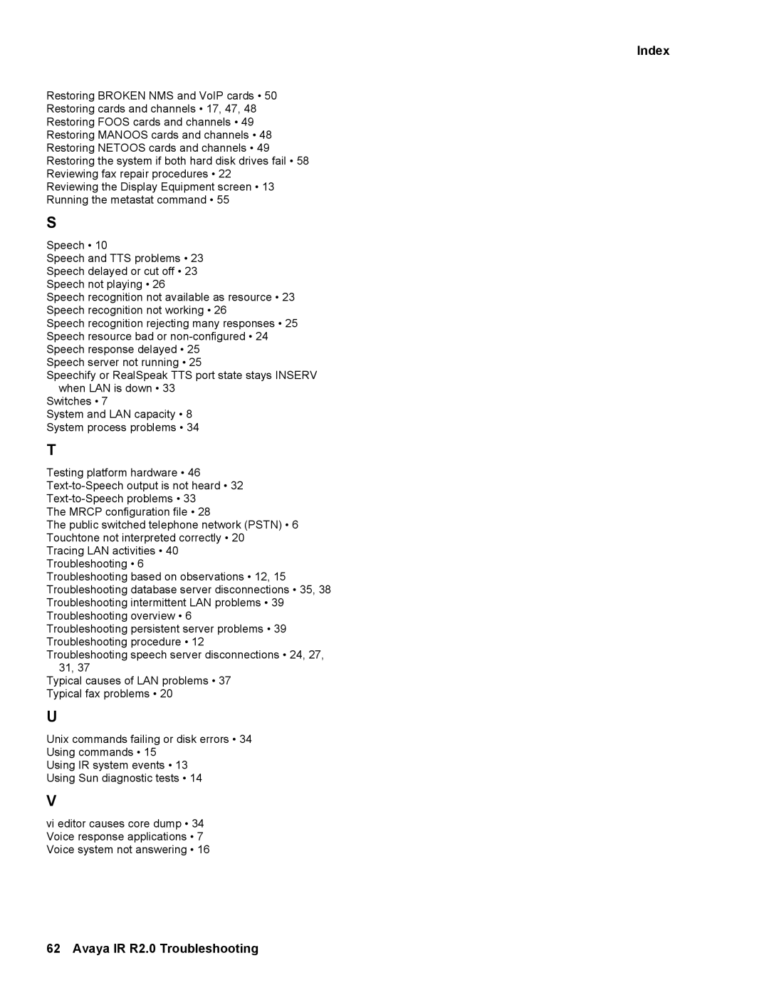 Avaya manual Index, Avaya IR R2.0 Troubleshooting 