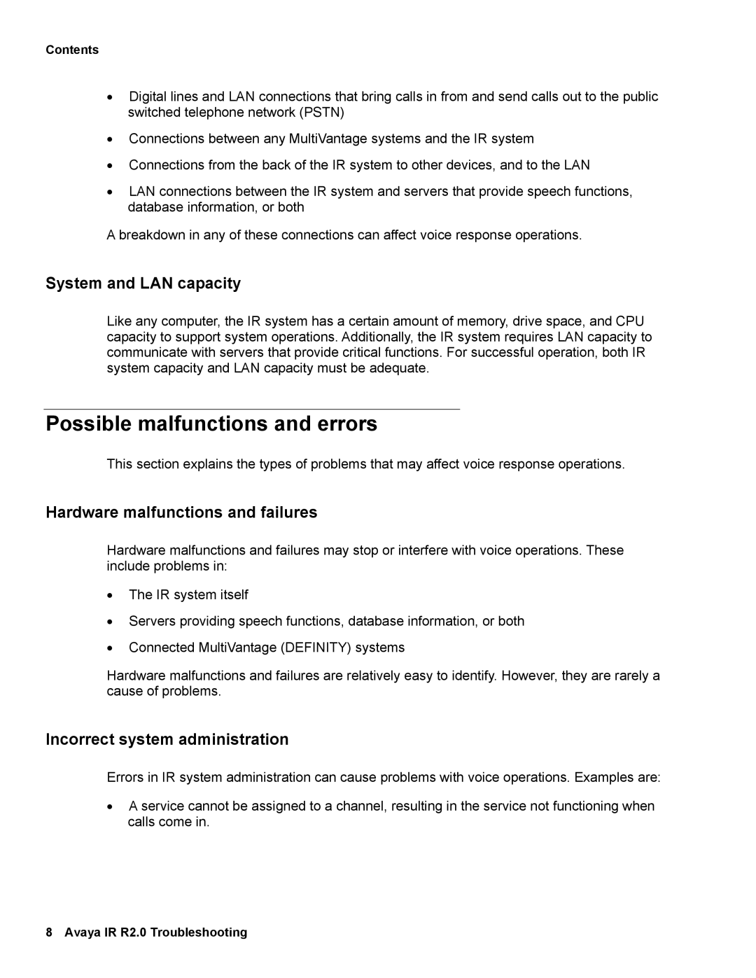 Avaya 2 manual Possible malfunctions and errors, System and LAN capacity, Hardware malfunctions and failures 