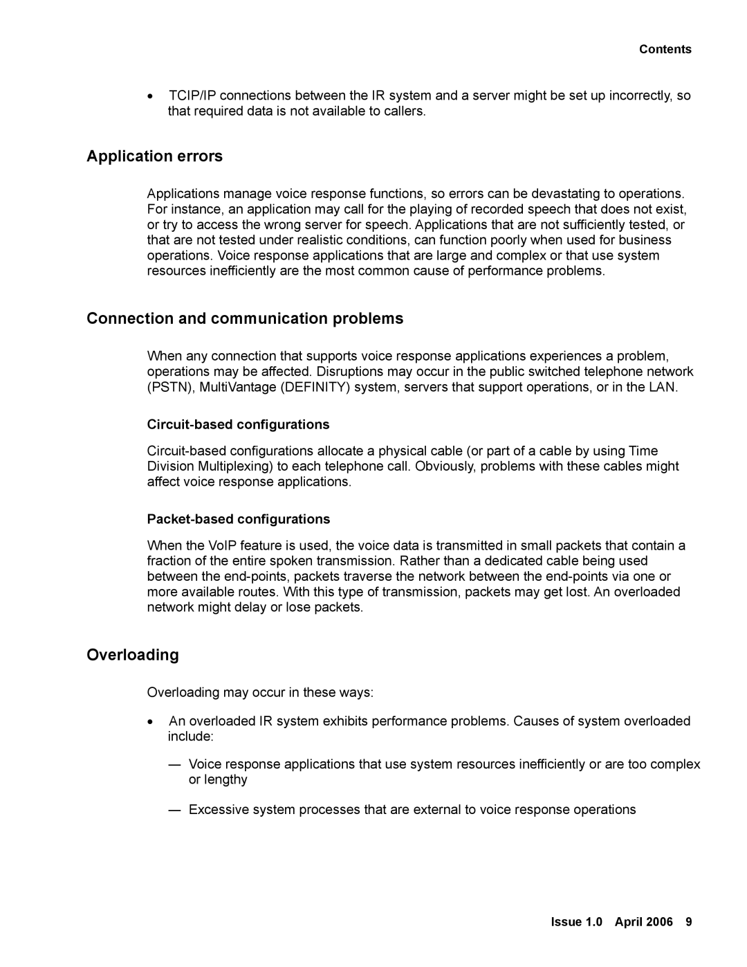 Avaya 2 manual Application errors, Connection and communication problems, Overloading, Circuit-based configurations 