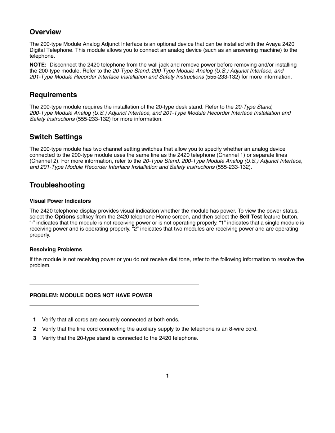 Avaya 200-Type Module Analog manual Visual Power Indicators, Resolving Problems, Problem Module does not have Power 