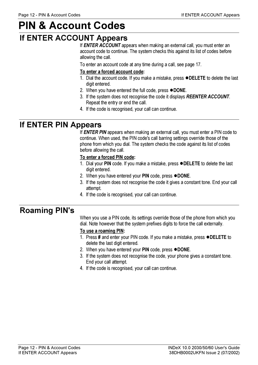 Avaya 2050, 2030, 2060 manual PIN & Account Codes, If Enter Account Appears, If Enter PIN Appears, Roaming PINs 