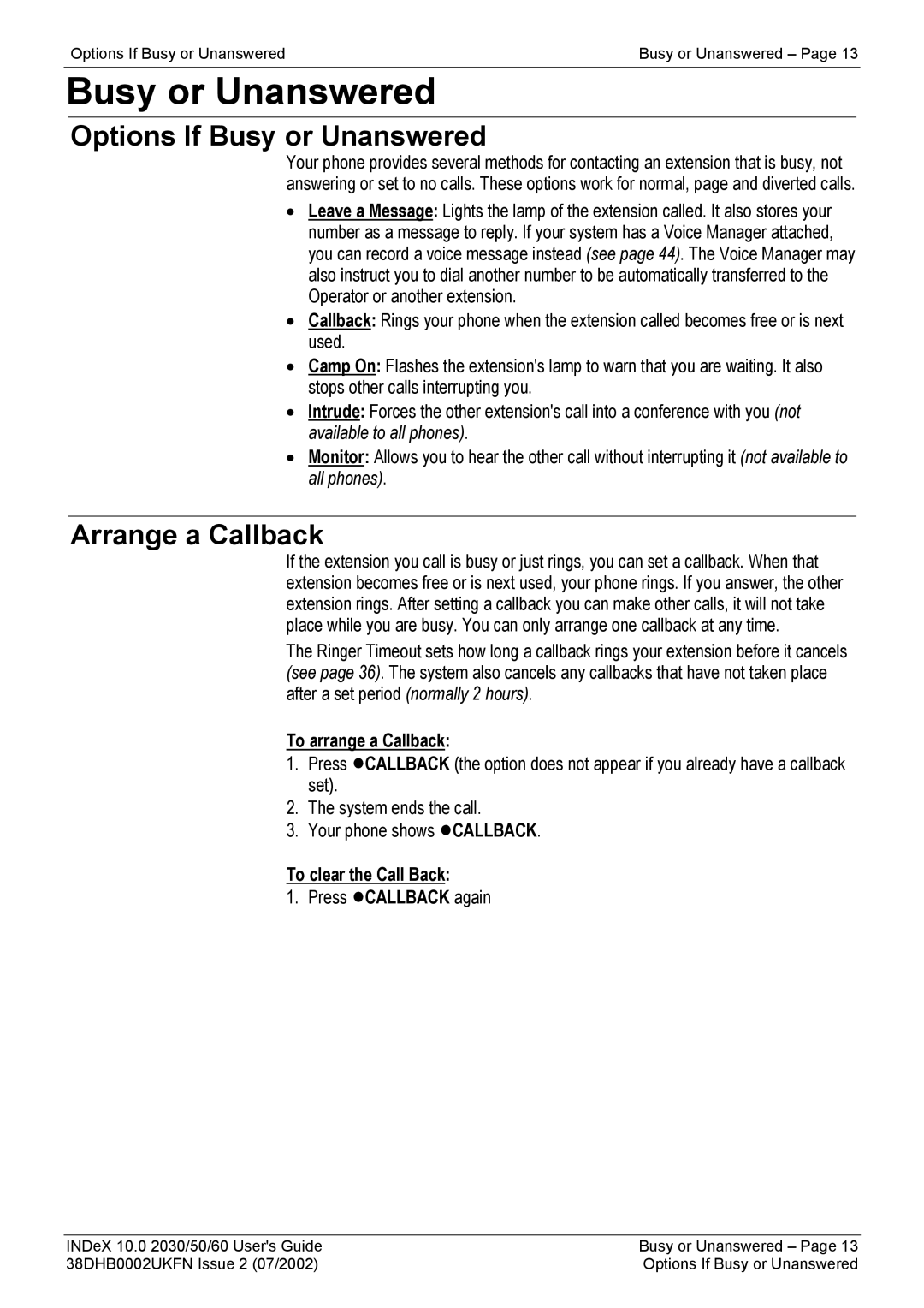 Avaya 2030, 2050, 2060 Options If Busy or Unanswered, Arrange a Callback, To arrange a Callback, To clear the Call Back 