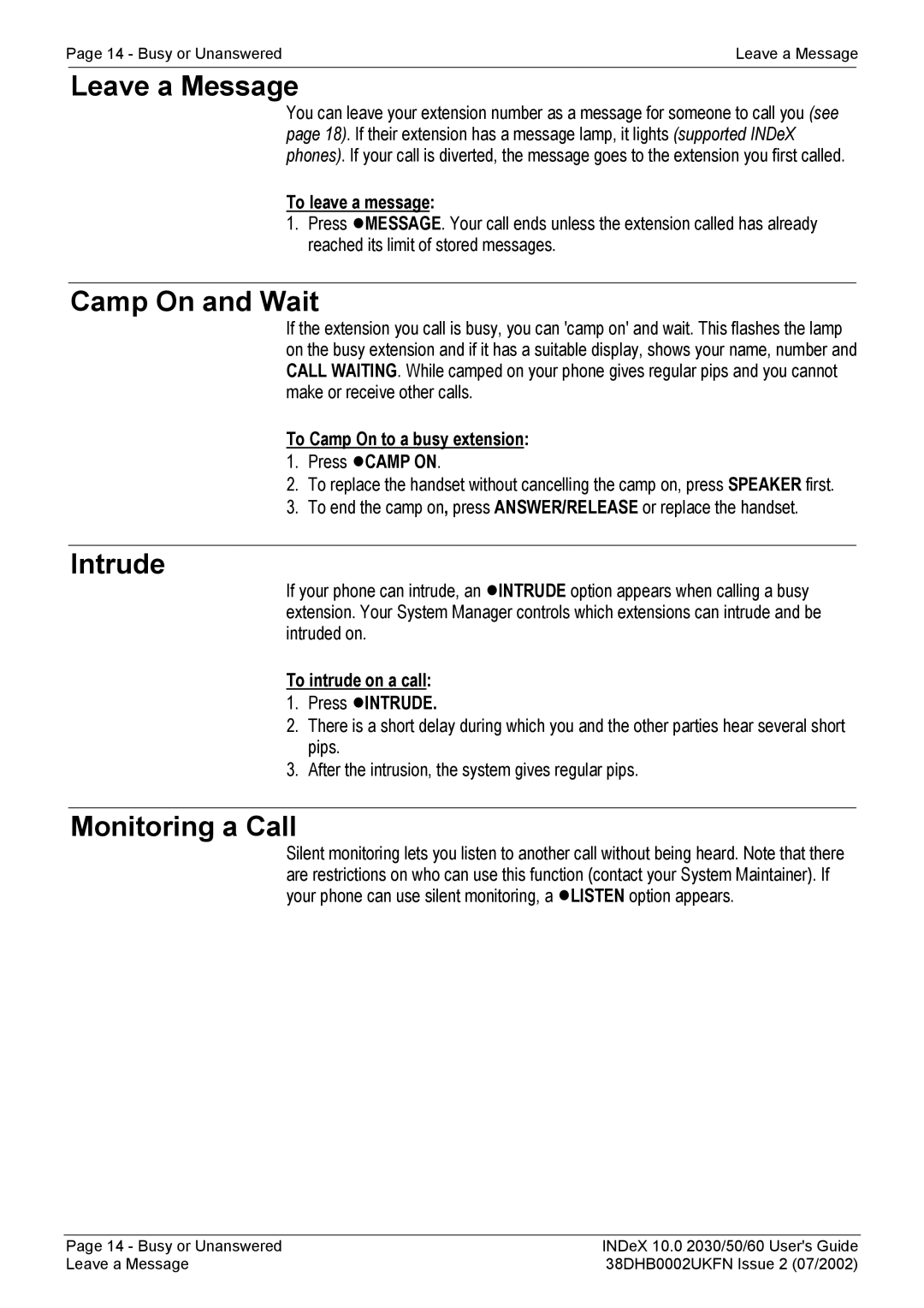 Avaya 2060, 2050, 2030 manual Leave a Message, Camp On and Wait, Intrude, Monitoring a Call 