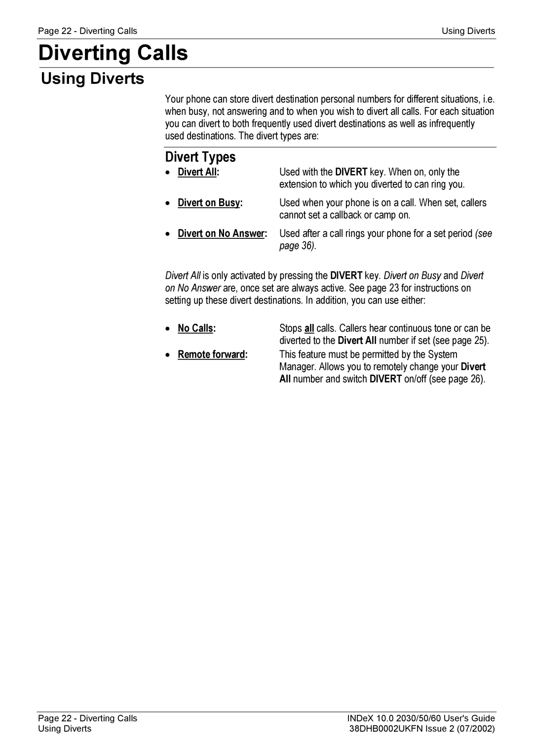 Avaya 2030, 2050, 2060 manual Diverting Calls, Using Diverts 