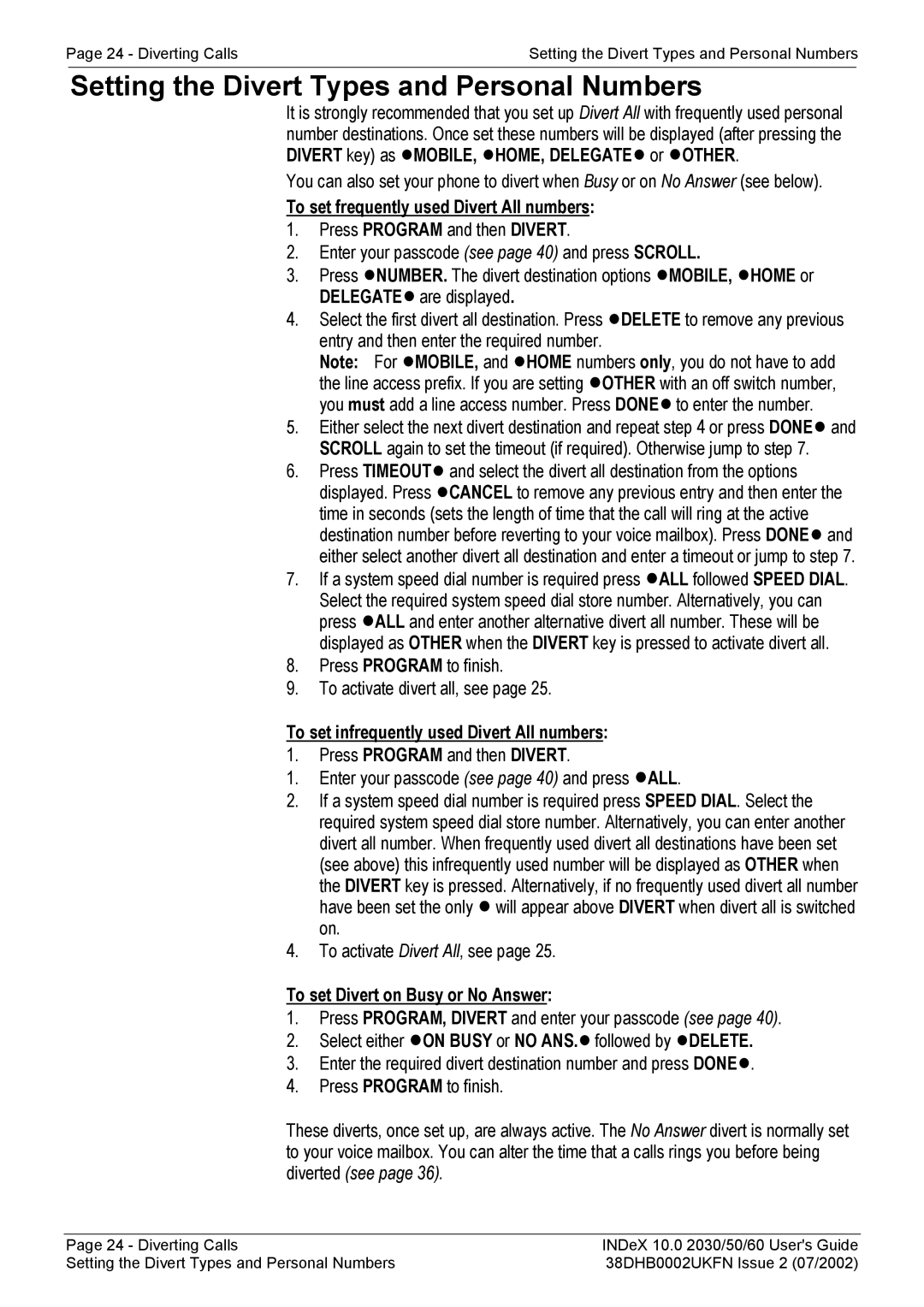 Avaya 2050, 2030, 2060 manual Setting the Divert Types and Personal Numbers, To set frequently used Divert All numbers 