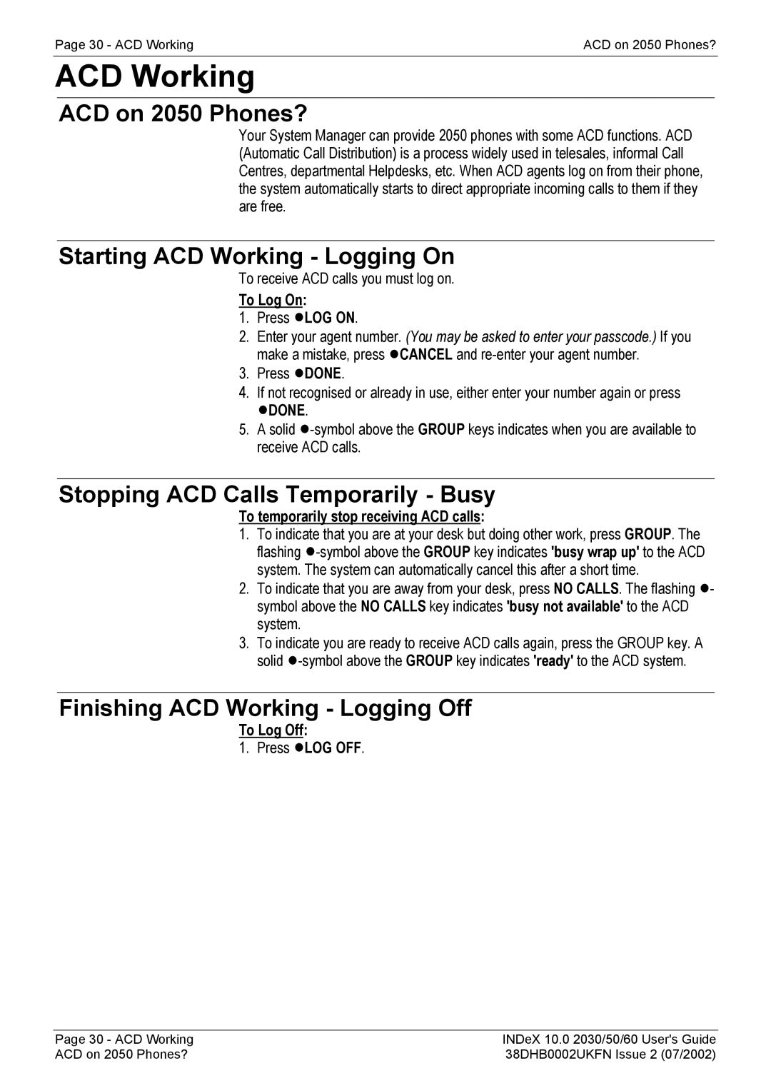 Avaya 2030, 2060 manual ACD on 2050 Phones?, Starting ACD Working Logging On, Stopping ACD Calls Temporarily Busy 
