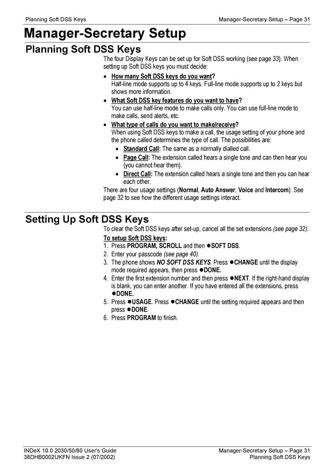 Avaya 2030, 2050, 2060 manual Manager-Secretary Setup, Planning Soft DSS Keys, Setting Up Soft DSS Keys 