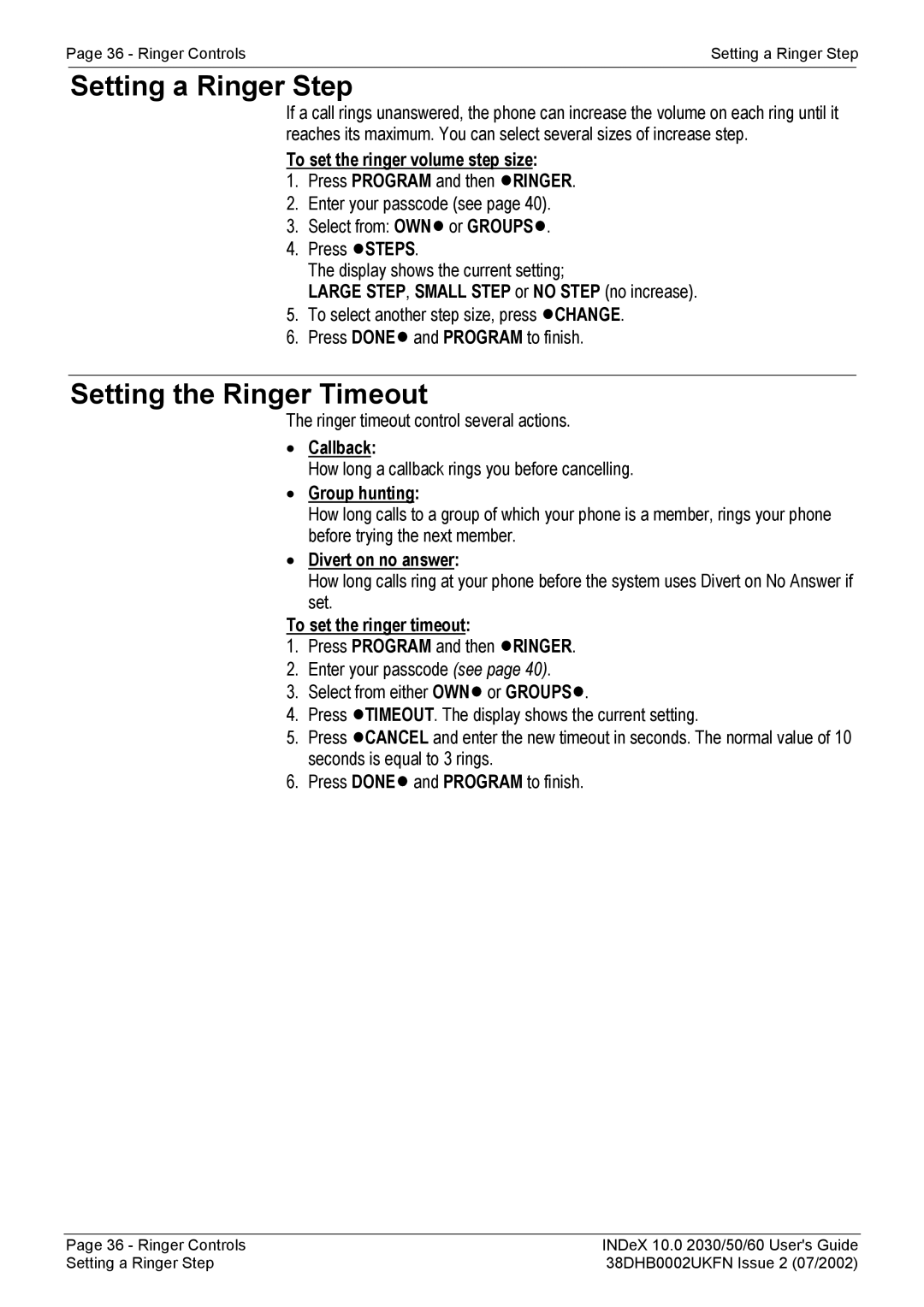 Avaya 2050, 2030, 2060 manual Setting a Ringer Step, Setting the Ringer Timeout 