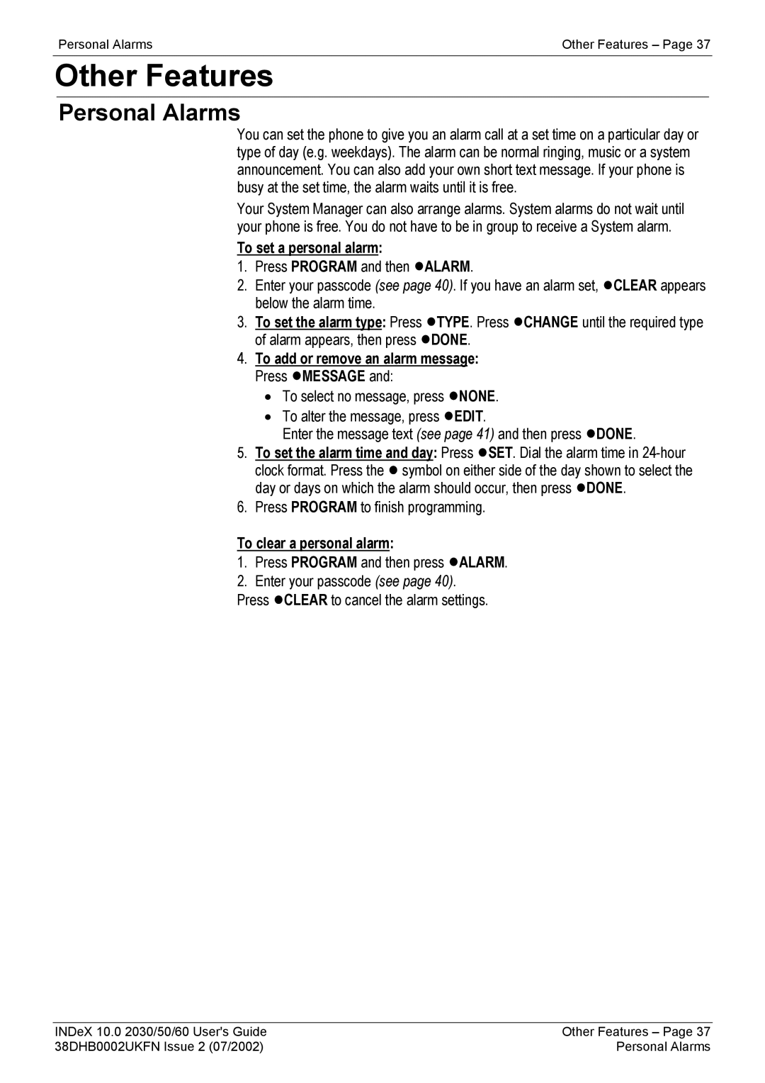 Avaya 2030, 2050 Other Features, Personal Alarms, To set a personal alarm, To add or remove an alarm message Press Message 