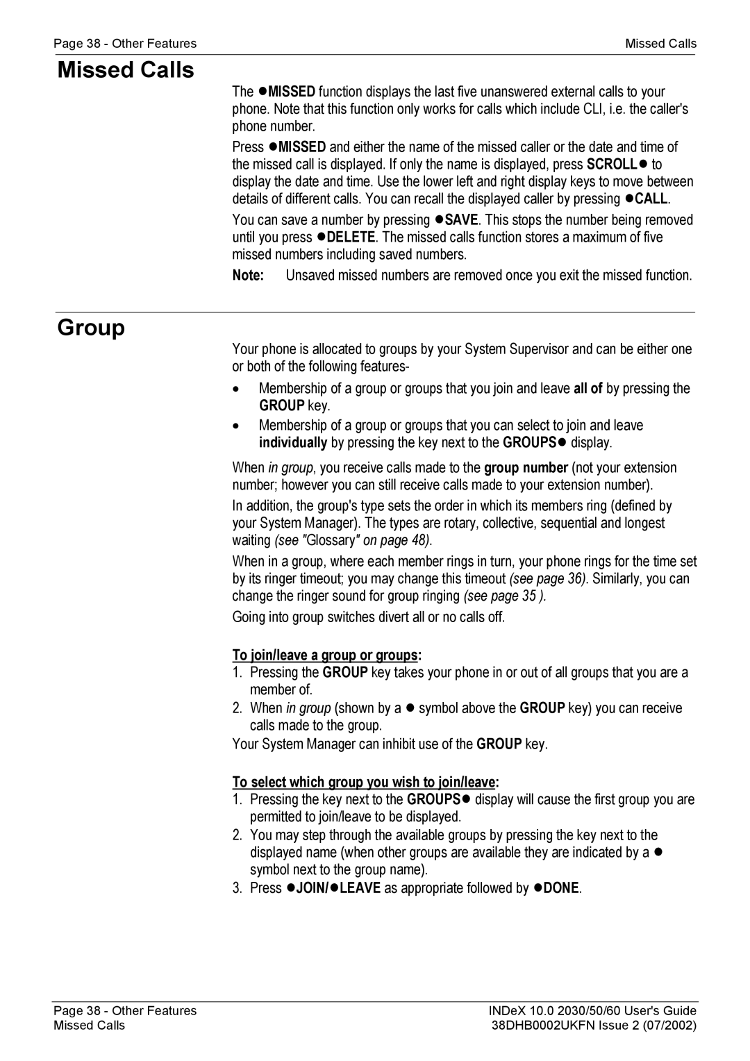 Avaya 2060, 2050, 2030 Missed Calls, Group, To join/leave a group or groups, To select which group you wish to join/leave 