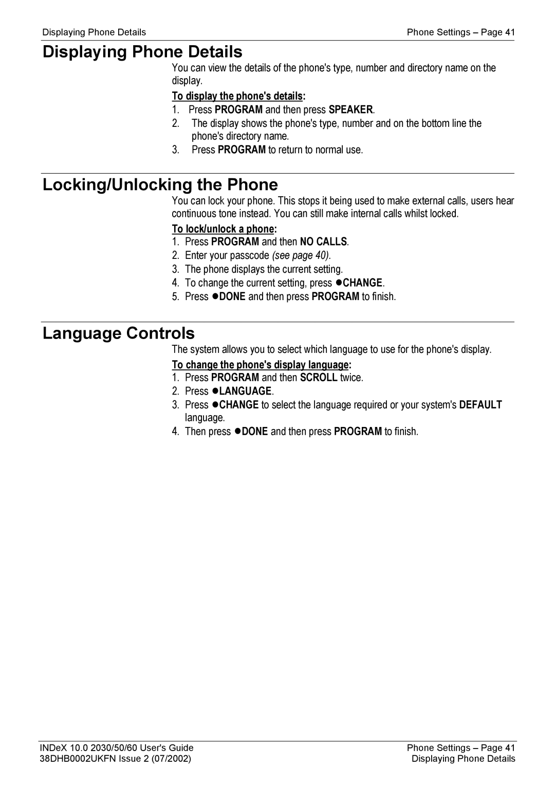 Avaya 2060, 2050, 2030 manual Displaying Phone Details, Locking/Unlocking the Phone, Language Controls 