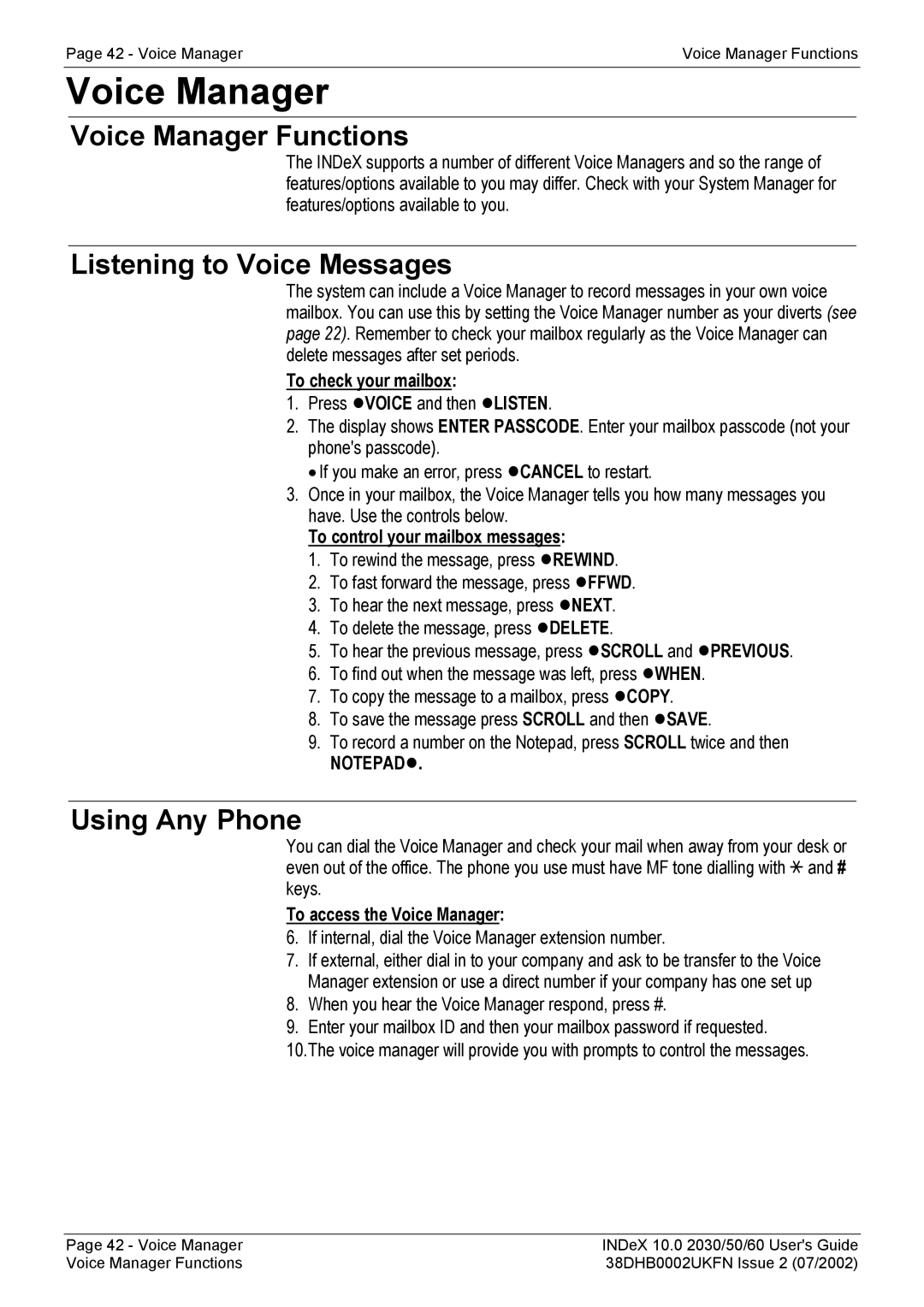 Avaya 2050, 2030, 2060 manual Voice Manager Functions, Listening to Voice Messages, Using Any Phone 