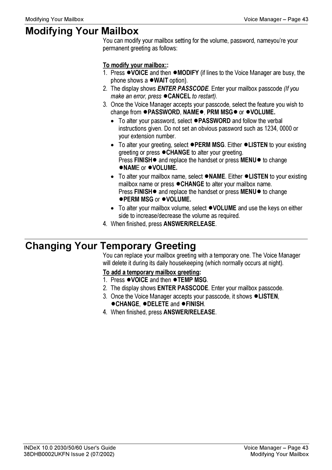 Avaya 2030, 2050, 2060 manual Modifying Your Mailbox, Changing Your Temporary Greeting 