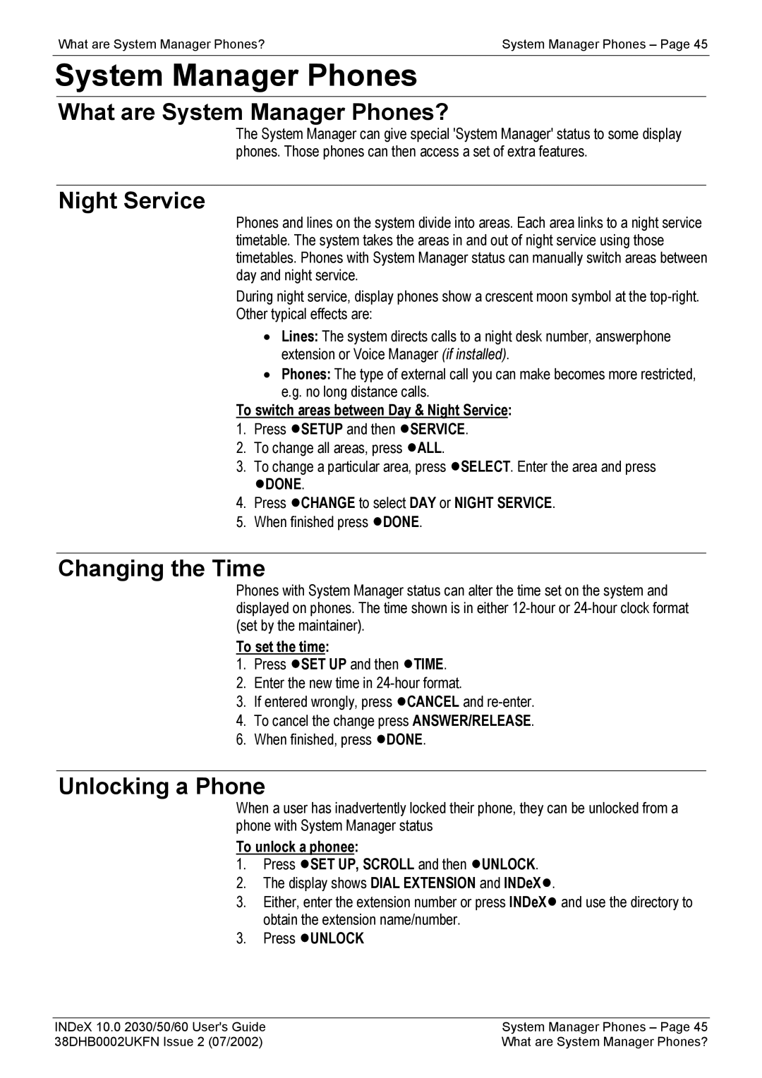 Avaya 2050, 2030, 2060 manual What are System Manager Phones?, Night Service, Changing the Time, Unlocking a Phone 