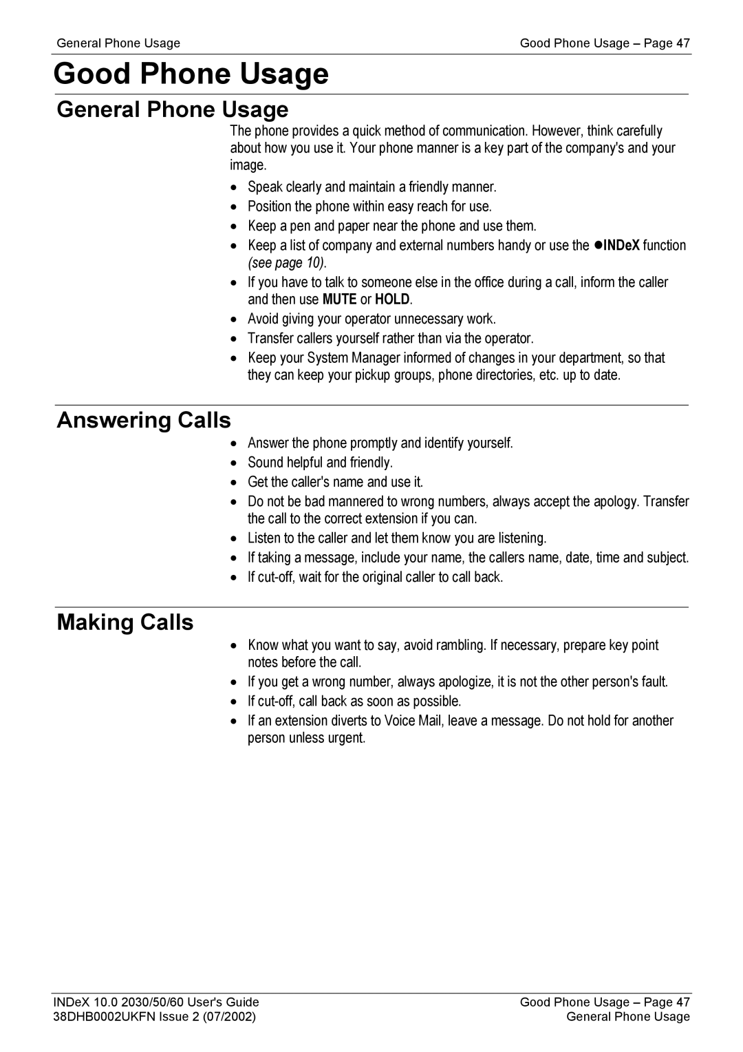 Avaya 2060, 2050, 2030 manual Good Phone Usage, General Phone Usage, Answering Calls 