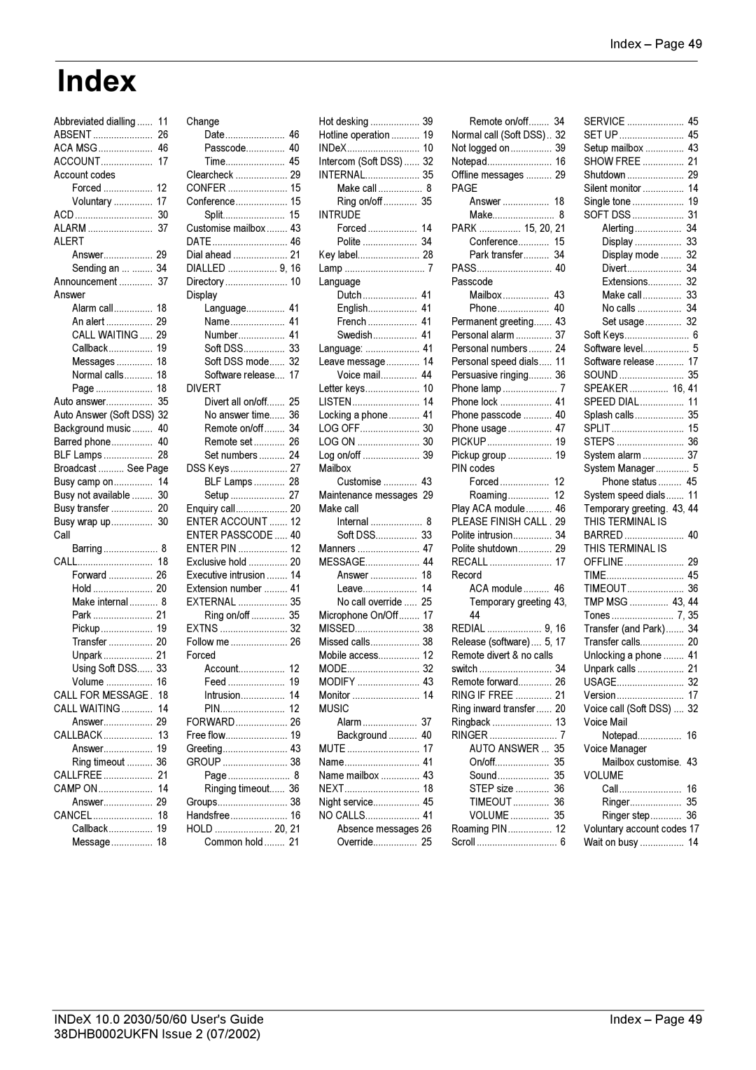 Avaya 2030, 2050, 2060 manual Index, Alert 