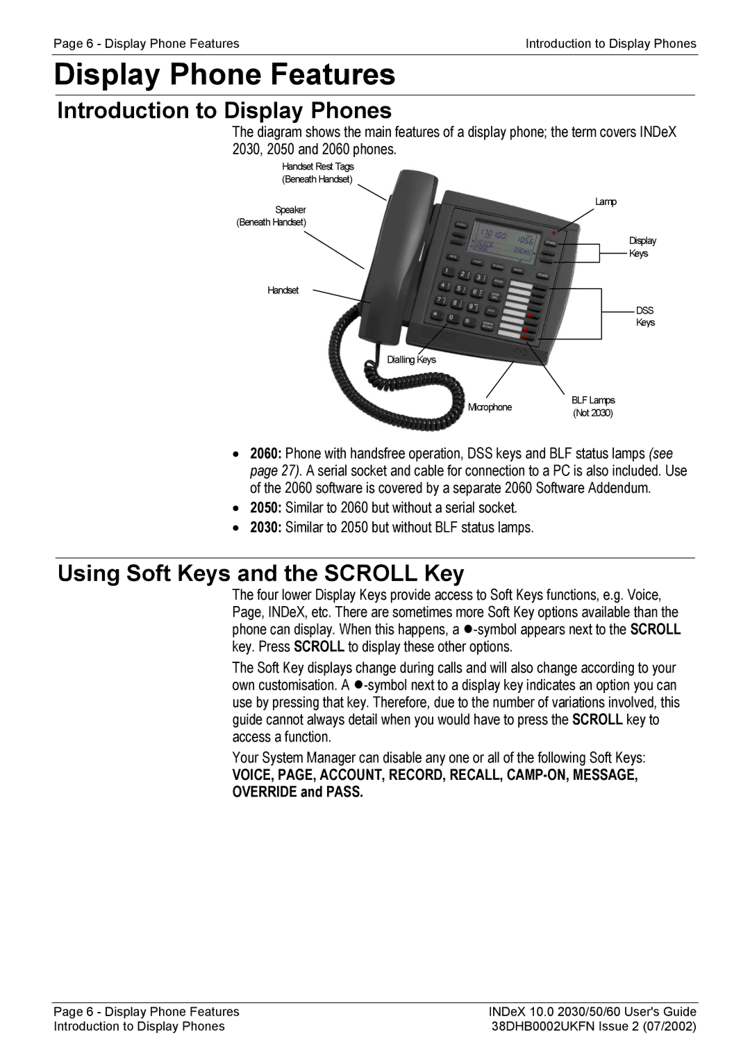 Avaya 2050 Display Phone Features, Introduction to Display Phones, Using Soft Keys and the Scroll Key, Override and Pass 