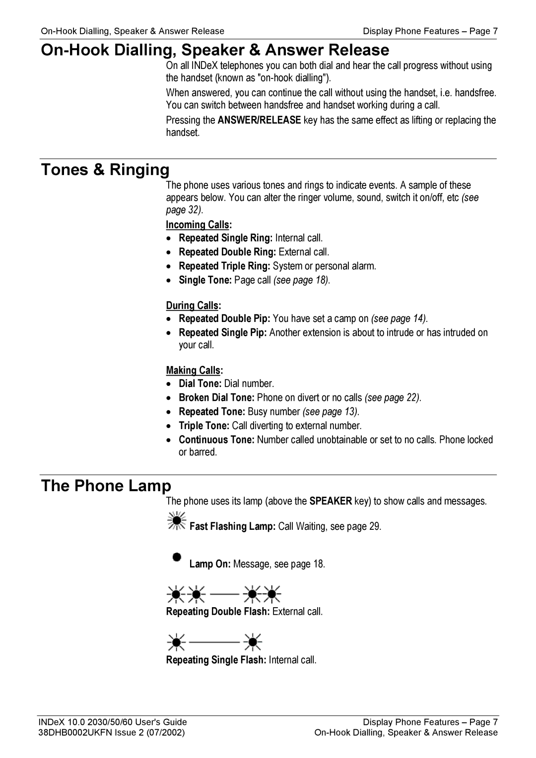 Avaya 2030, 2050, 2060 manual On-Hook Dialling, Speaker & Answer Release, Tones & Ringing, Phone Lamp 