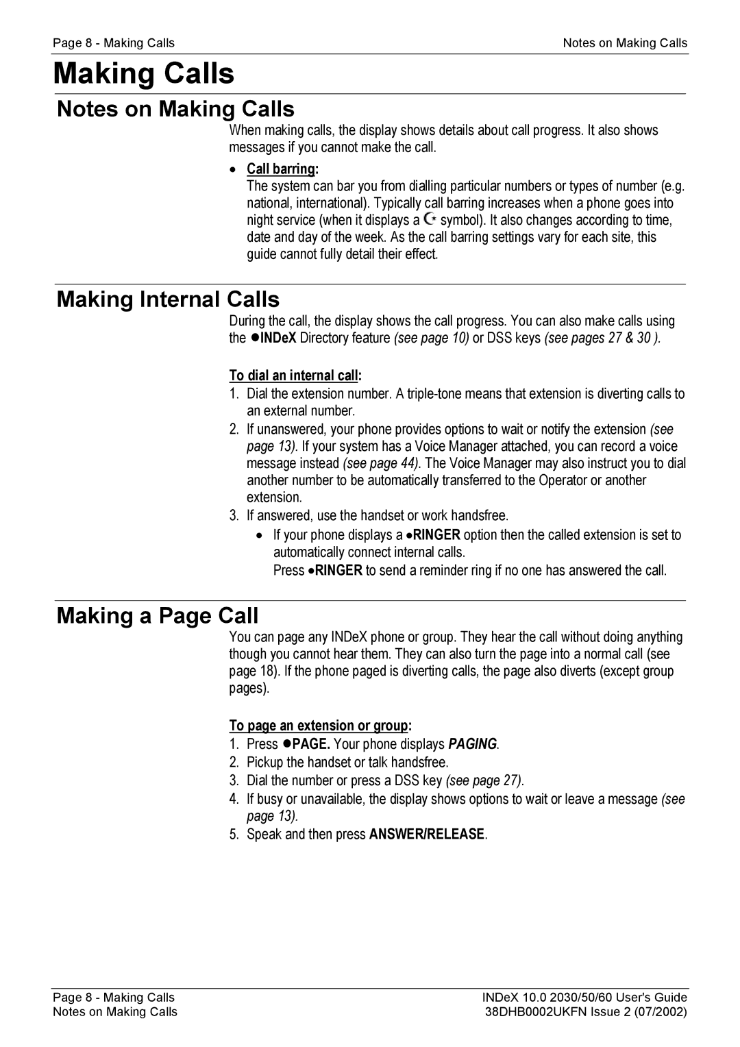 Avaya 2060, 2050, 2030 manual Making Calls, Making Internal Calls, Making a Page Call 